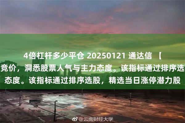 4倍杠杆多少平仓 20250121 通达信 【竞价先锋】指标专注集合竞价，洞悉股票人气与主力态度。该指标通过排序选股，精选当日涨停潜力股